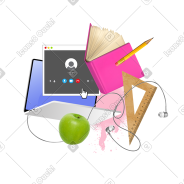 Laptop, stationery, snack and earphones for online education PNG, SVG