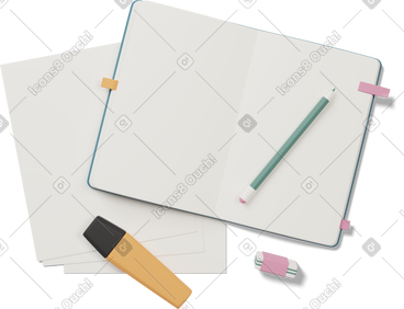 Notebook with pencil, highlighter pen and papers PNG, SVG